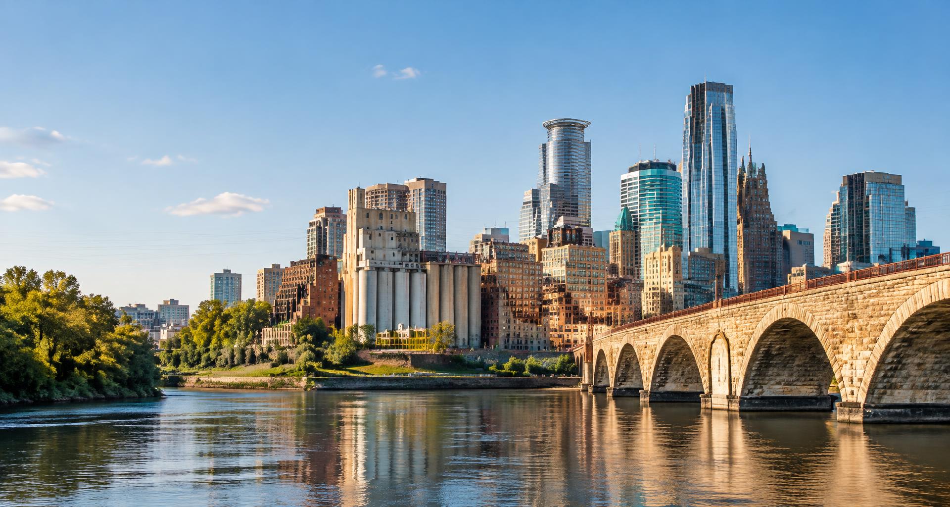 Minneapolis skyline and Stone Arch Bridge along the Mississippi River